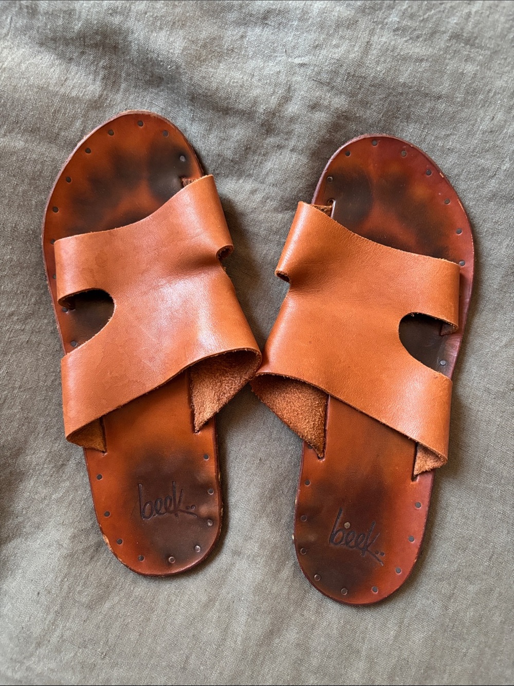 beek Tan Leather Crossover Slide Sandals
